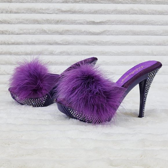 Your Majesty Purple Marabou Feather Rhinestone Platform Slip On Slide… - Picture 7 of 10